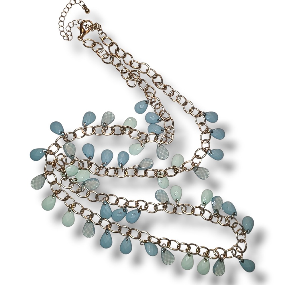 Gold‎ Tone Teardrop Charm Necklace Blue Acrylic Bead Fringe Adjustable 32-35in
